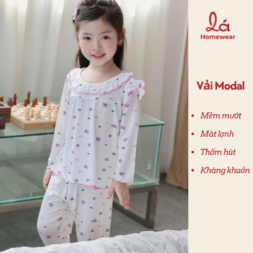  Bộ tay dài bé gái sợi sồi Modal Lá Homewear MOD5, đồ ngủ cho bé babydoll mát mềm phối bèo dễ thương 