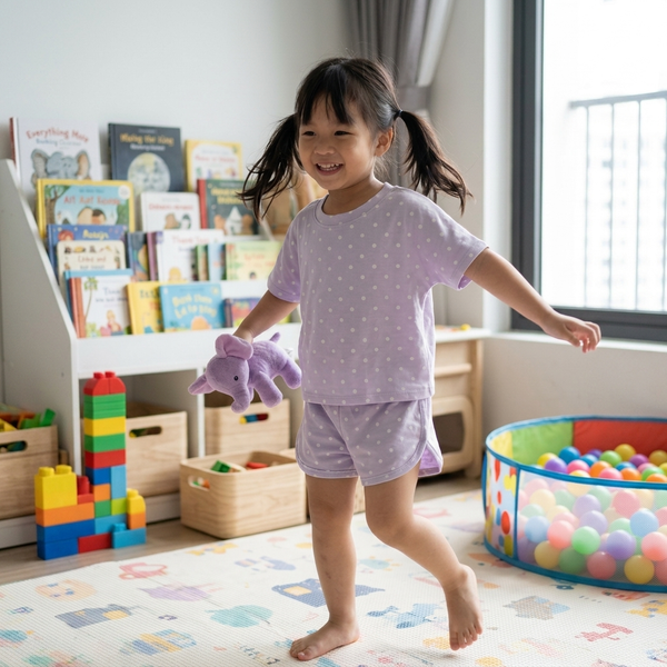  Bộ cộc tay bé gái chấm bi Lá Homewear LC03, bộ đùi cho bé vải Lyocell Cotton quần short năng động 