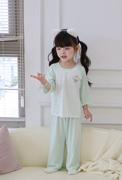  Đồ bộ ngủ cho bé 95% sợi sồi Modal Ice Cool Áo Lá Homewear A322, tay lỡ quần dài họa tiết sọc ngang in hình dễ thương 