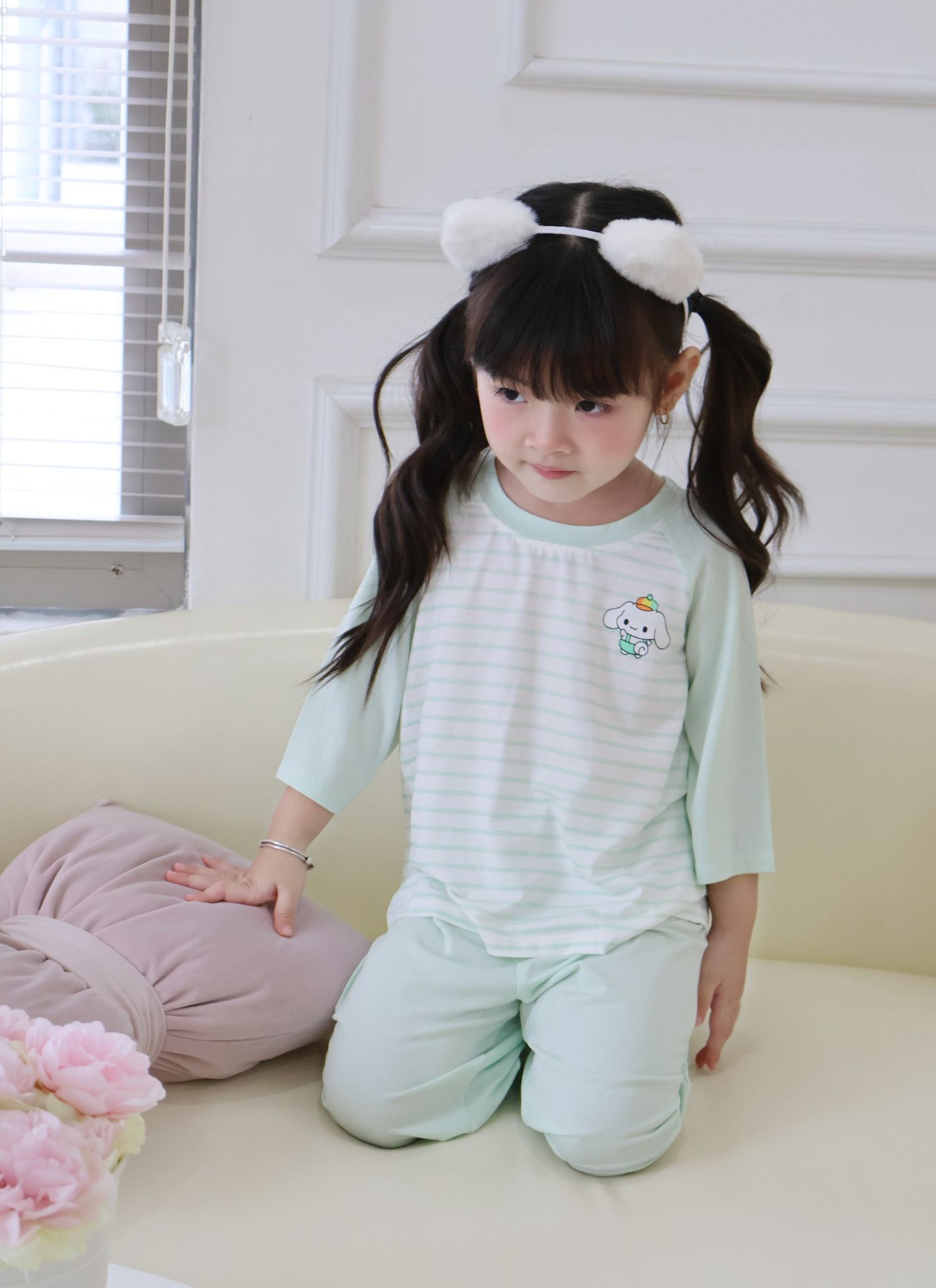  Đồ bộ ngủ cho bé 95% sợi sồi Modal Ice Cool Áo Lá Homewear A322, tay lỡ quần dài họa tiết sọc ngang in hình dễ thương 