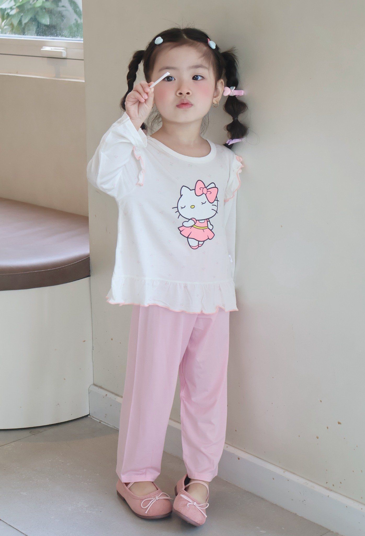  Bộ dài tay cho bé gái 95% sợi sồi Modal Ice Cool Lá Homewear A330, đồ ngủ cho bé hình kitty kuromi melody cinnamoroll 