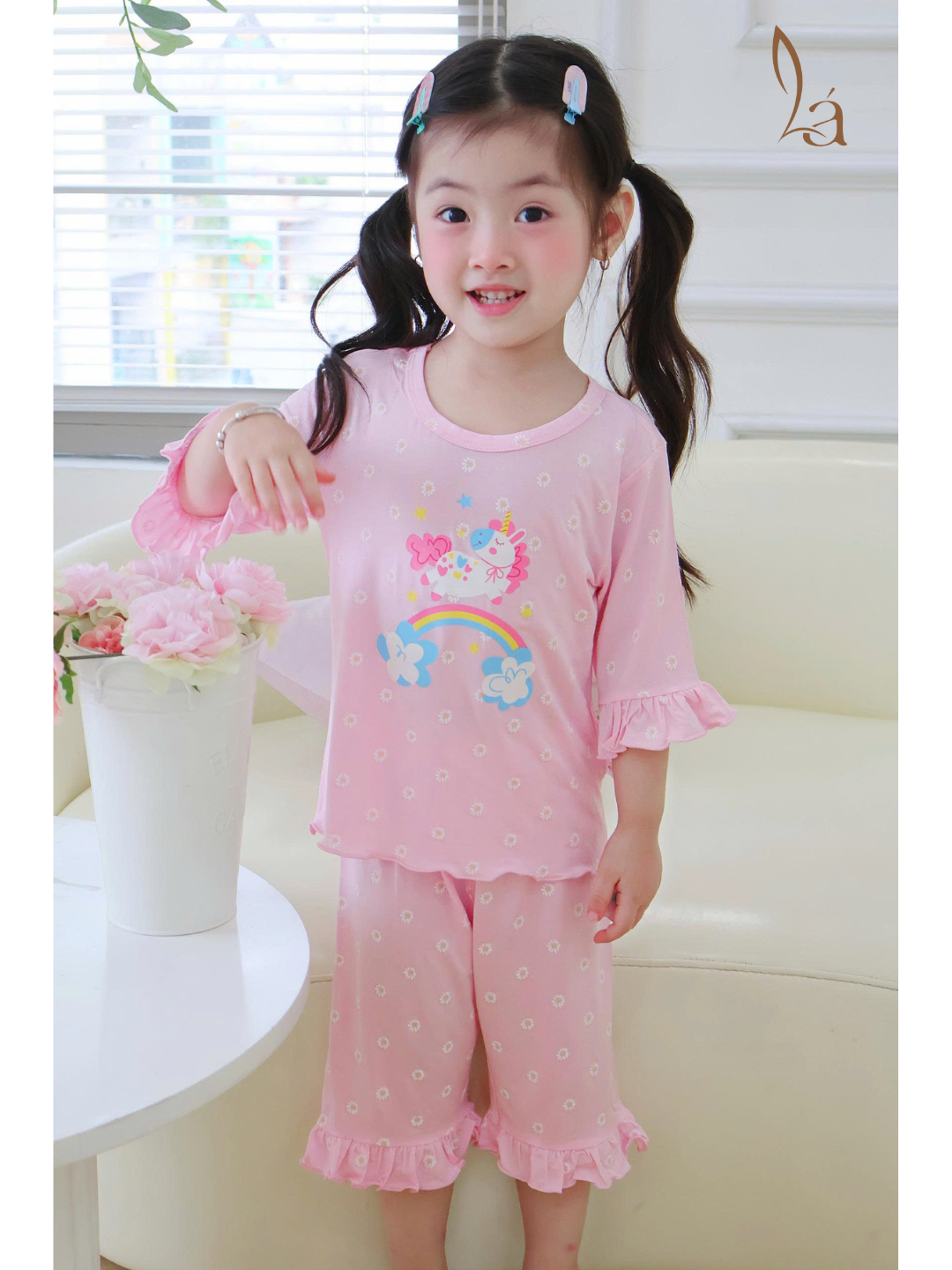  Bộ lửng cho bé gái 95% sợi sồi Modal Ice Cool Áo Lá Homewear A326 họa tiết hoa nhí kỳ lân unicorn melody 