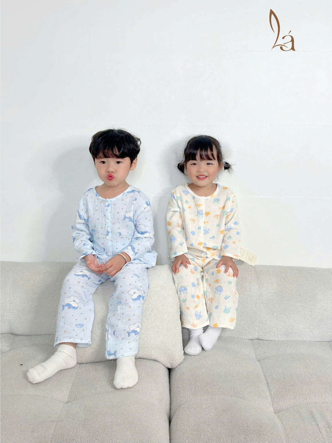  Pijama bé trai bé gái tay dài xô muslin Áo Lá Homewear A109, đồ ngủ bé trai xô đũi cổ tròn caro hình thú 