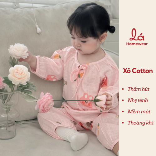  Pijama bé gái xô cotton Lá Homewear XCL18, đồ bộ dài tay cho bé cột nơ quần bo mặc ngủ mềm mát 