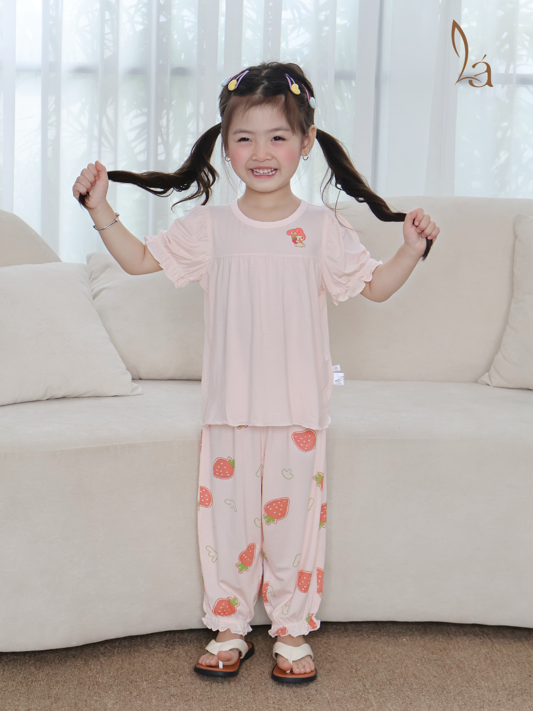  Bộ tay ngắn quần dài bé gái 95% sợi sồi Modal Ice Cool Lá Homewear A310, đồ ngủ cộc tay cho bé quần bí dễ thương melody 