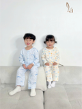  Pijama bé trai bé gái tay dài xô muslin Áo Lá Homewear A109, đồ ngủ bé trai xô đũi cổ tròn caro hình thú 