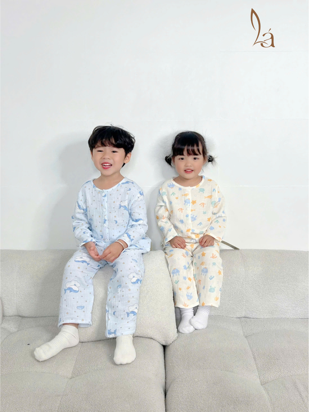  Pijama bé trai bé gái tay dài xô muslin Áo Lá Homewear A109, đồ ngủ bé trai xô đũi cổ tròn caro hình thú 