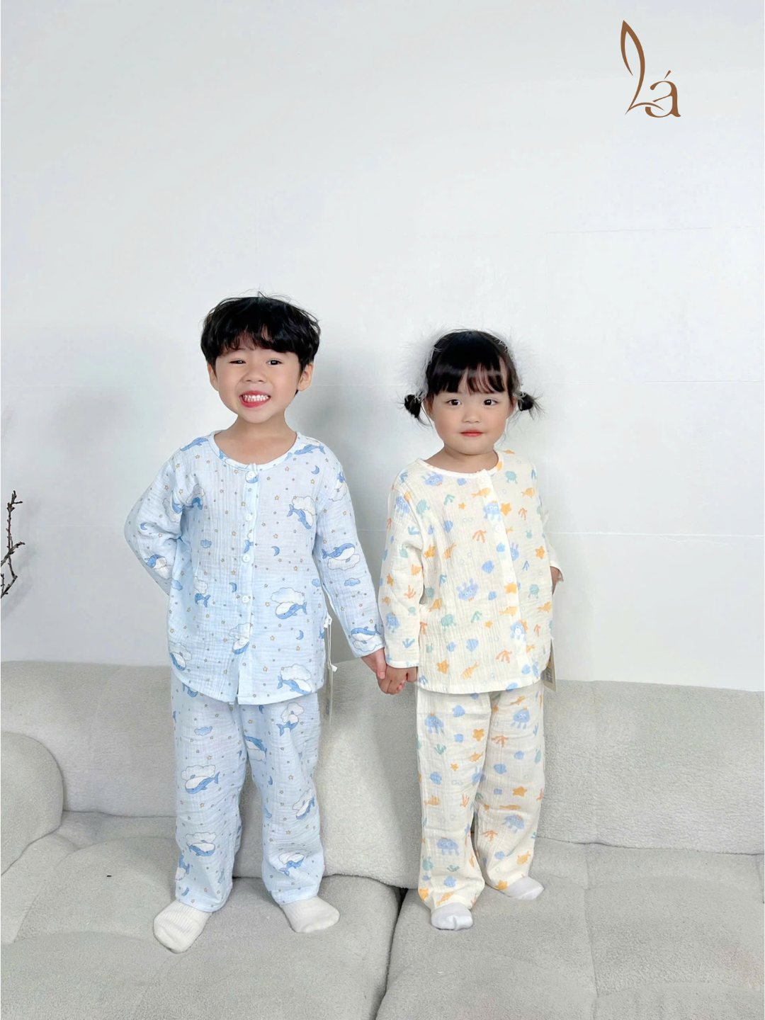  Pijama bé trai bé gái tay dài xô muslin Áo Lá Homewear A109, đồ ngủ bé trai xô đũi cổ tròn caro hình thú 
