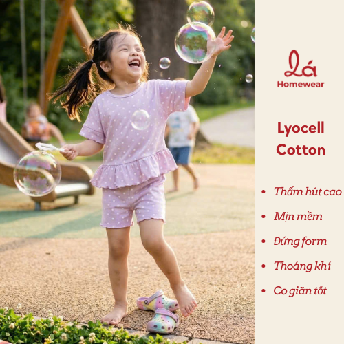  Bộ đùi bé gái chấm bi Lá Homewear LC02, đồ bộ cộc tay bé gái vải Lyocell Cotton phối bèo dễ thương 