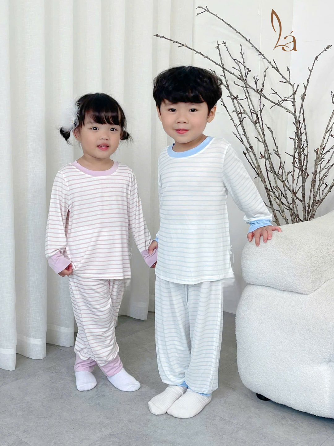  Bộ dài tay cho bé 95% sợi sồi Modal Ice Cool Lá Homewear A340, đồ bô ngủ trai gái mát mềm sọc ngang pastel xinh xắn 