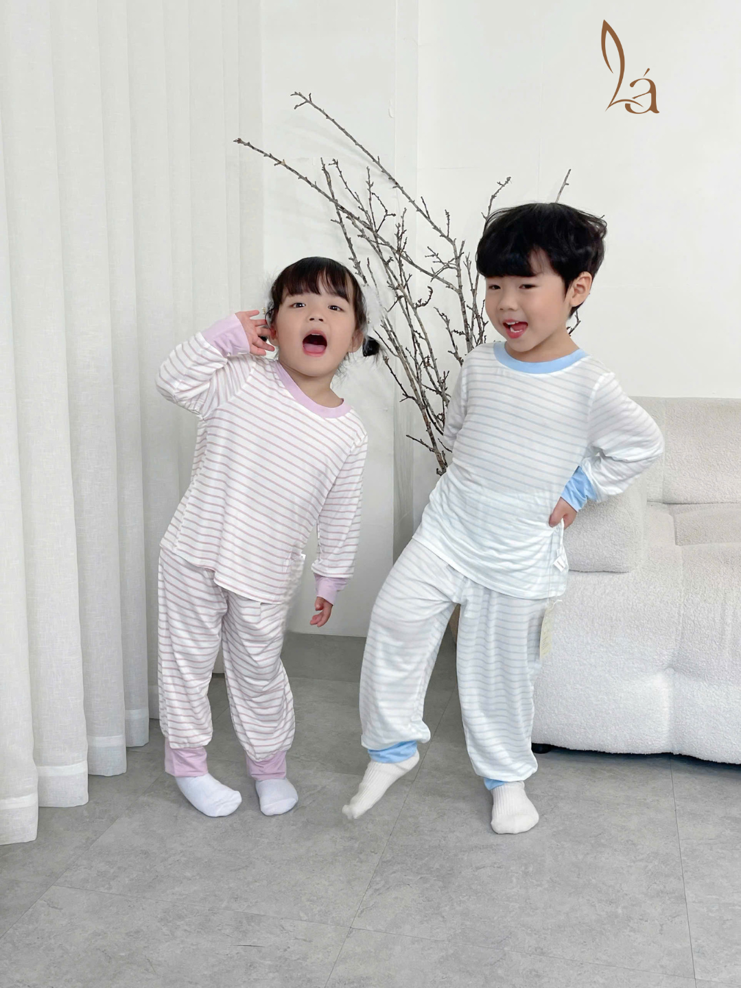  Bộ dài tay cho bé 95% sợi sồi Modal Ice Cool Lá Homewear A340, đồ bô ngủ trai gái mát mềm sọc ngang pastel xinh xắn 