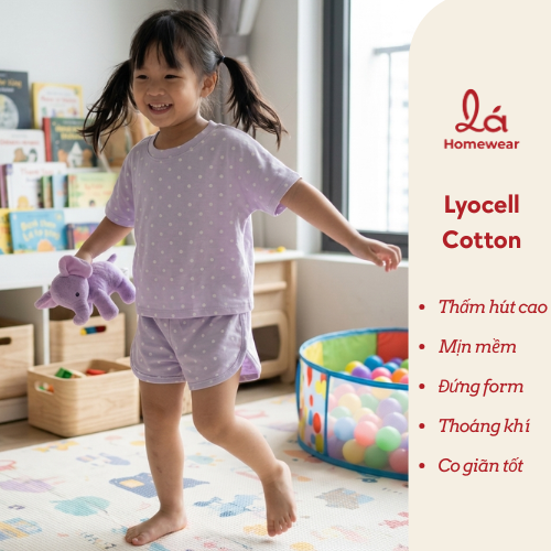  Bộ cộc tay bé gái chấm bi Lá Homewear LC03, bộ đùi cho bé vải Lyocell Cotton quần short năng động 