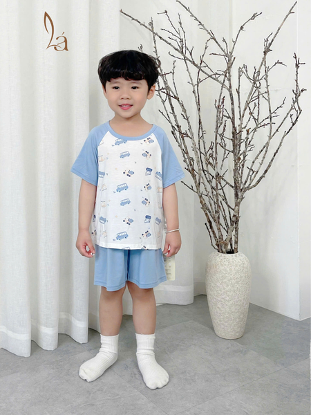  Bộ đùi bé trai 95% sợi sồi Modal Ice Cool Lá Homewear A324, đồ bộ bé trai cộc tay raglan phối hình xe gấu trúc mát 