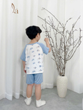  Bộ đùi bé trai 95% sợi sồi Modal Ice Cool Lá Homewear A324, đồ bộ bé trai cộc tay raglan phối hình xe gấu trúc mát 