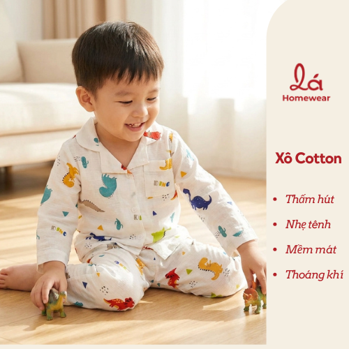  Pijama bé trai bé gái dài tay vải xô Áo Lá Homewear A014, đồ ngủ trẻ em size đại cotton nằm điều hòa bốn mùa 