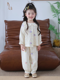  Bộ dài tay cho bé gái xô muslin A338, đồ ngủ cho bé babydoll họa tiết hoa thỏ dễ thương, quần bo chun thoải mái 