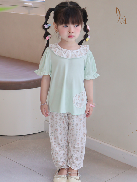  Bộ tay ngắn quần dài cho bé gái 95% sợi sồi Modal Ice Cool Lá Homewear A332, đồ ngủ cộc tay hoa nhí dễ thương 