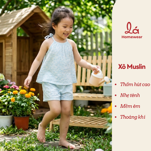  Bộ đùi áo yếm bé gái xô muslin XM02 Lá Homewear, bộ hai dây mùa hè mát nhẹ cho bé 