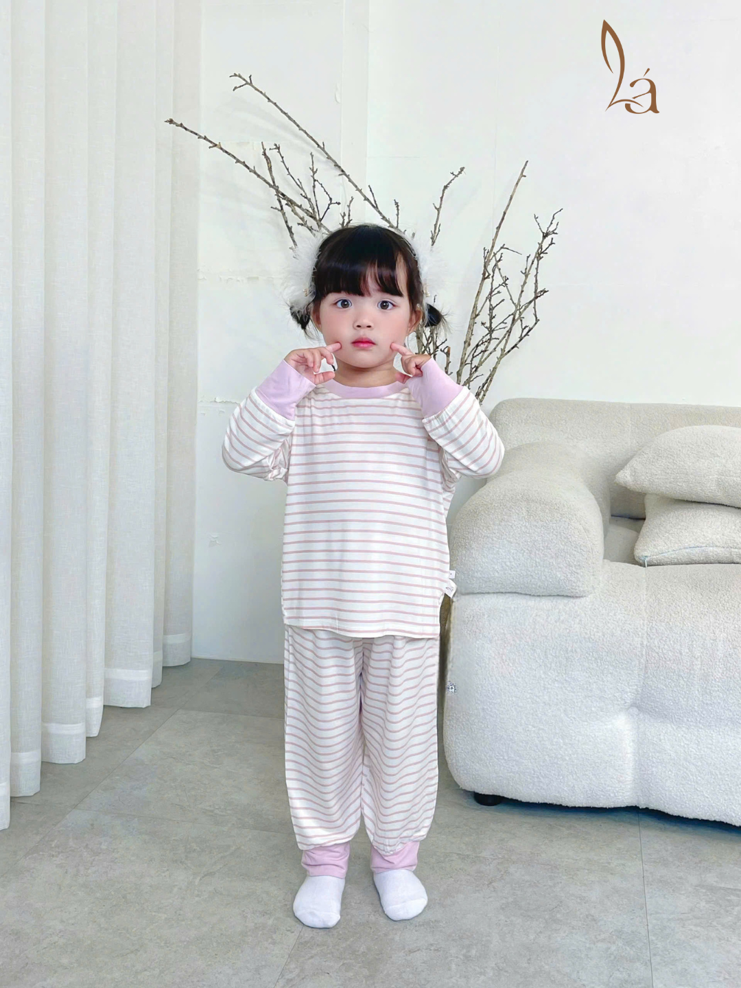  Bộ dài tay cho bé 95% sợi sồi Modal Ice Cool Lá Homewear A340, đồ bô ngủ trai gái mát mềm sọc ngang pastel xinh xắn 