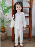  Bộ dài tay bé gái Lá Homewear A348,  đồ dài mặc ngủ cho bé cổ bèo xinh xắn hoa nhí nơ vải Lyocell Cotton mềm mướt 