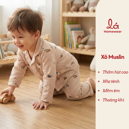  Pizama cho bé xô muslin Lá Homewear XM05, đồ bộ dài tay bé trai gái mềm mát thấm hút 