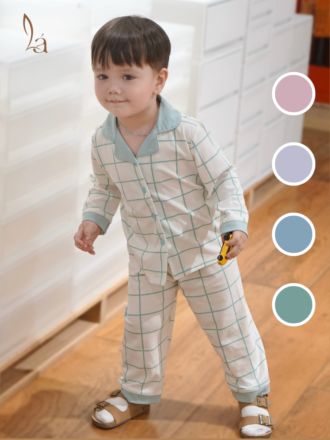  Pijama cho bé Lá Homewear A347, bộ dài tay mặc ngủ bé trai bé gái họa tiết kẻ chấm bi Lyocell Cotton mềm mướt thấm hút 