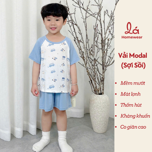 Bộ đùi bé trai 95% sợi sồi Modal Ice Cool Lá Homewear A324, đồ bộ bé trai cộc tay raglan phối hình xe gấu trúc mát 