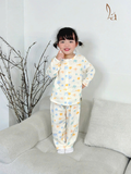 Pijama bé trai bé gái tay dài xô muslin Áo Lá Homewear A109, đồ ngủ bé trai xô đũi cổ tròn caro hình thú 