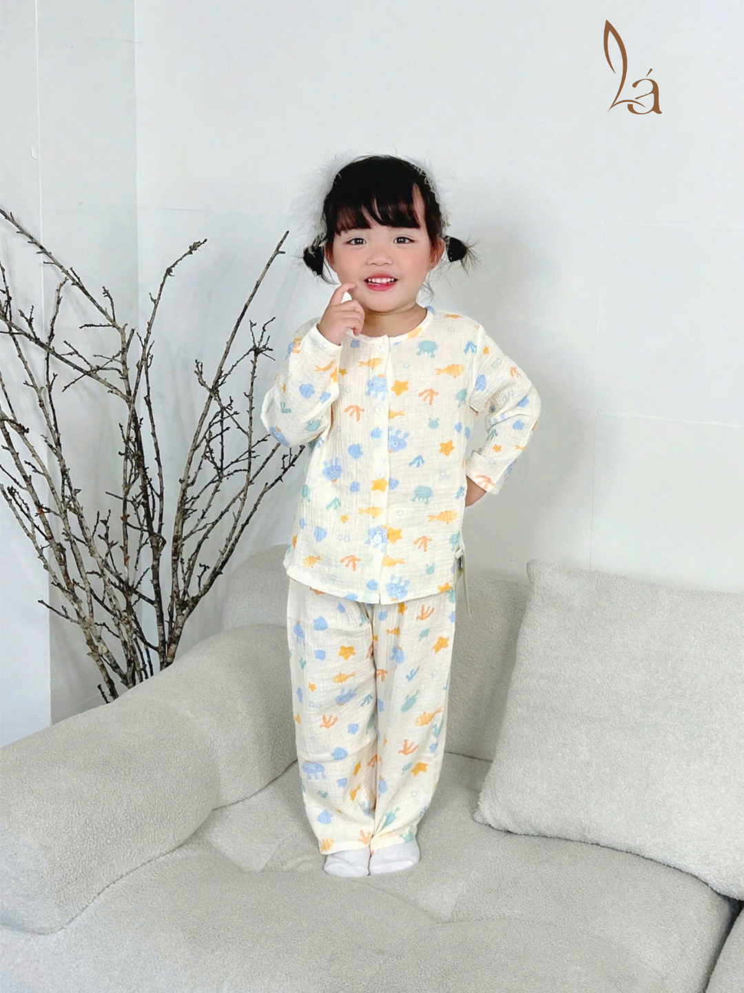  Pijama bé trai bé gái tay dài xô muslin Áo Lá Homewear A109, đồ ngủ bé trai xô đũi cổ tròn caro hình thú 
