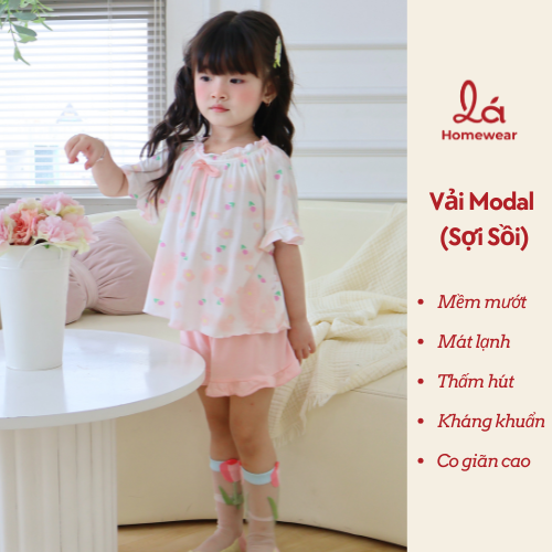  Bộ đùi bé gái sợi sồi Modal Lá Homewear MOD8, đồ bộ cộc tay mềm mát babydoll hoa nhí 