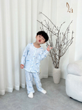  Pijama bé trai bé gái tay dài xô muslin Áo Lá Homewear A109, đồ ngủ bé trai xô đũi cổ tròn caro hình thú 
