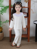  Bộ dài tay bé gái Lá Homewear A348,  đồ dài mặc ngủ cho bé cổ bèo xinh xắn hoa nhí nơ vải Lyocell Cotton mềm mướt 