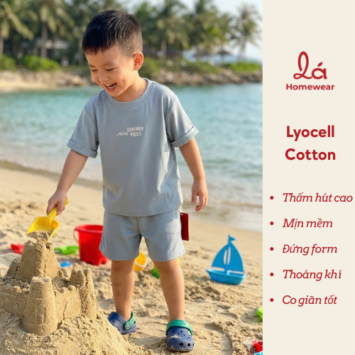  Bộ cộc tay bé trai Lá Homewear LC01, bộ đùi cho bé vải Lyocell Cotton in hình tay vắn năng động 