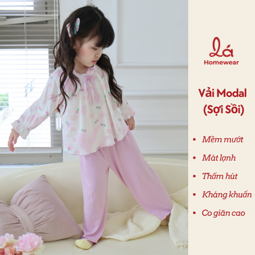  Bộ dài tay cho bé gái sợi sồi Modal Lá Homewear MOD7, đồ ngủ cho bé mềm mát dễ thương 