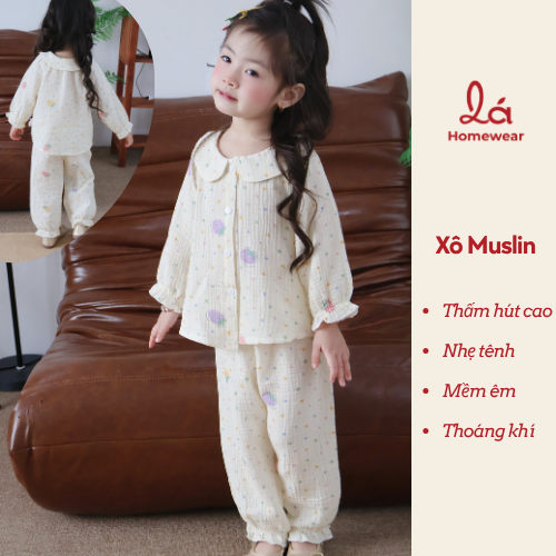 Bộ dài tay cho bé gái xô muslin A338 Lá Homewear, đồ ngủ cho bé babydoll dễ thương, quần bo chun 
