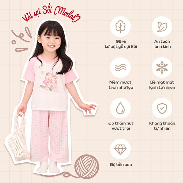  Bộ tay ngắn quần dài sợi Sồi Modal Lá Homewear M12, bộ ngủ cộc tay raglan cho bé trai bé gái mềm mát 