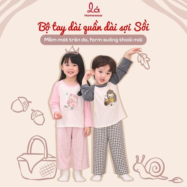  Bộ dài tay raglan sợi Sồi Modal Lá Homewear M13, pizama trẻ em gái trai caro in hình mềm mát 