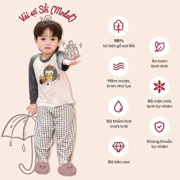  Bộ dài tay raglan sợi Sồi Modal Lá Homewear M13, pizama trẻ em gái trai caro in hình mềm mát 