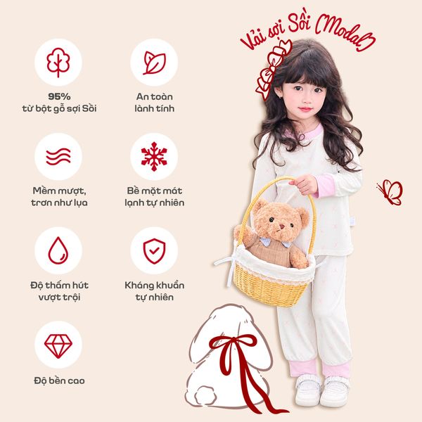  Đồ dài tay cho bé gái sợi Sồi Modal Lá Homewear M14, pijama cho bé bo chun mềm họa tiết nhí 