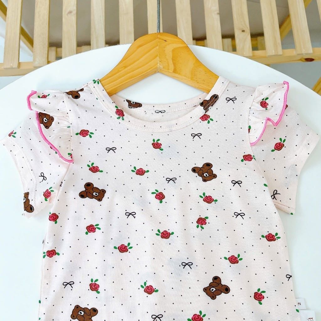  Bộ tay ngắn quần dài bé gái sợi sồi Modal Ice Cool Lá Homewear A372, đồ ngủ côc tay bé gái mát mềm 