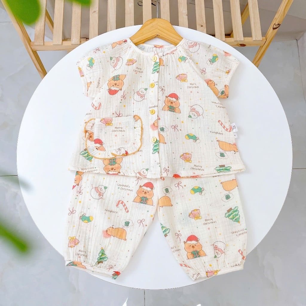  Bộ đồ ngủ bé gái tay ngắn xô muslin Lá Homewear A367, đồ dài mặc ngủ cho bé cộc tay capybara, kỳ lân dễ thương 