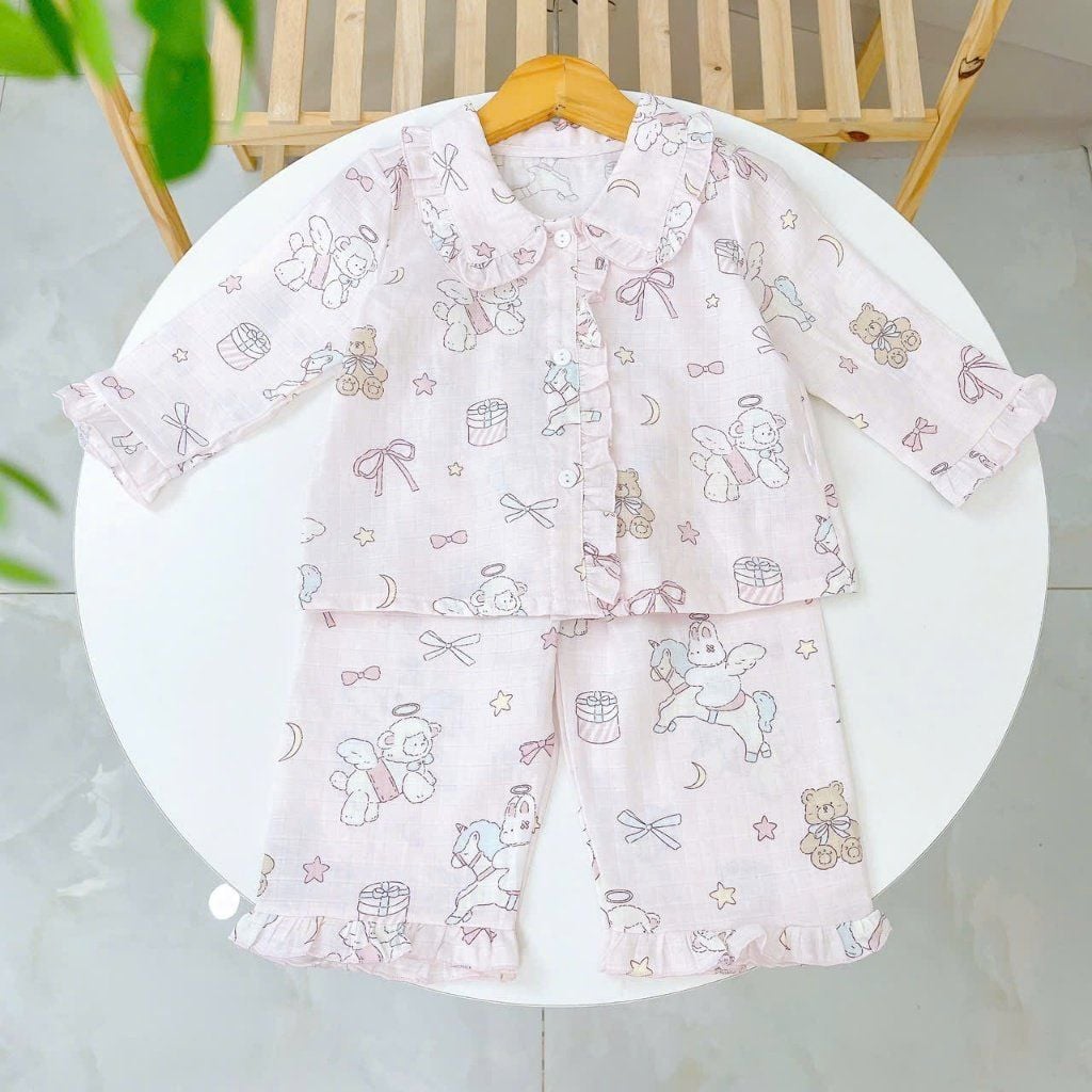  Pijama bé gái xô cotton Lá Homewear A346, bộ dài tay bé gái cổ bèo dễ thương, bộ ngủ mát trẻ em gái 