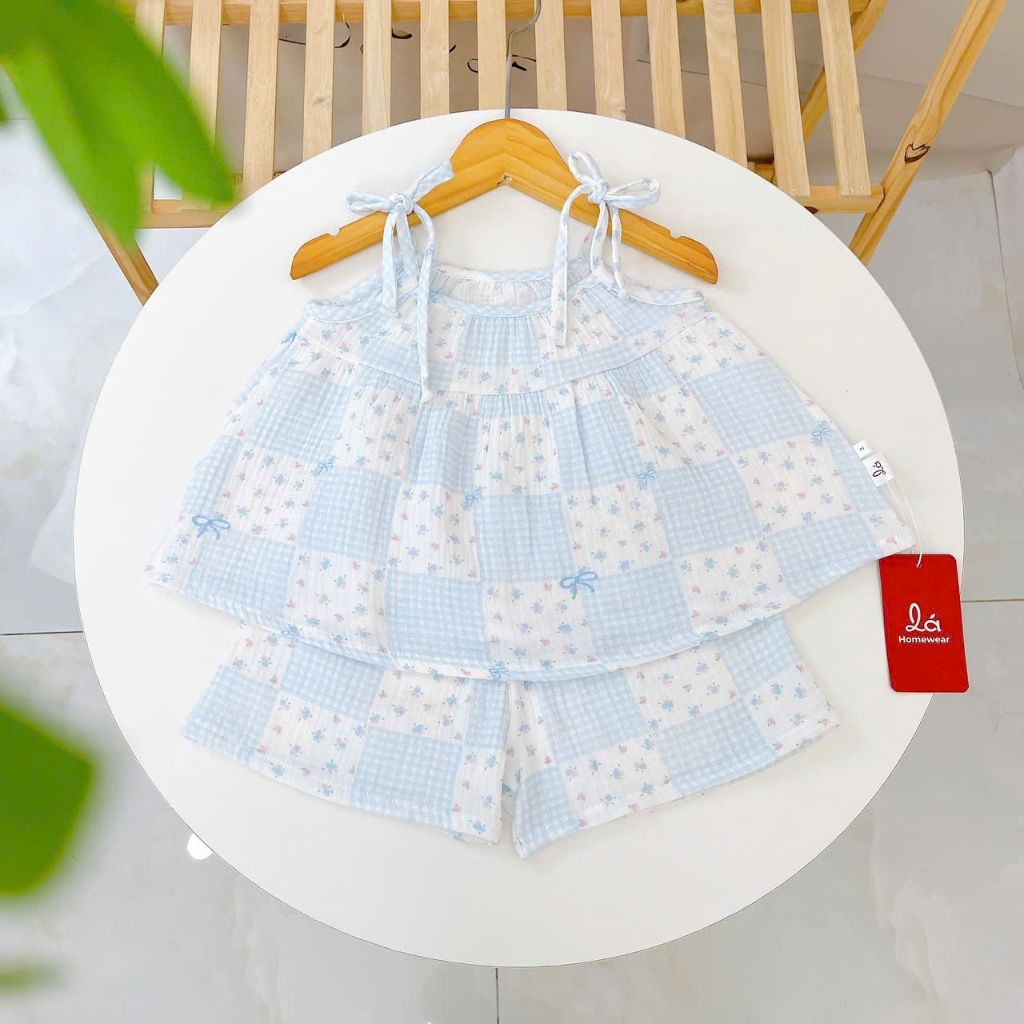  Bộ hai dây bé gái xô muslin XM03 Lá Homewear, đồ bộ mùa hè mát chấm bi 
