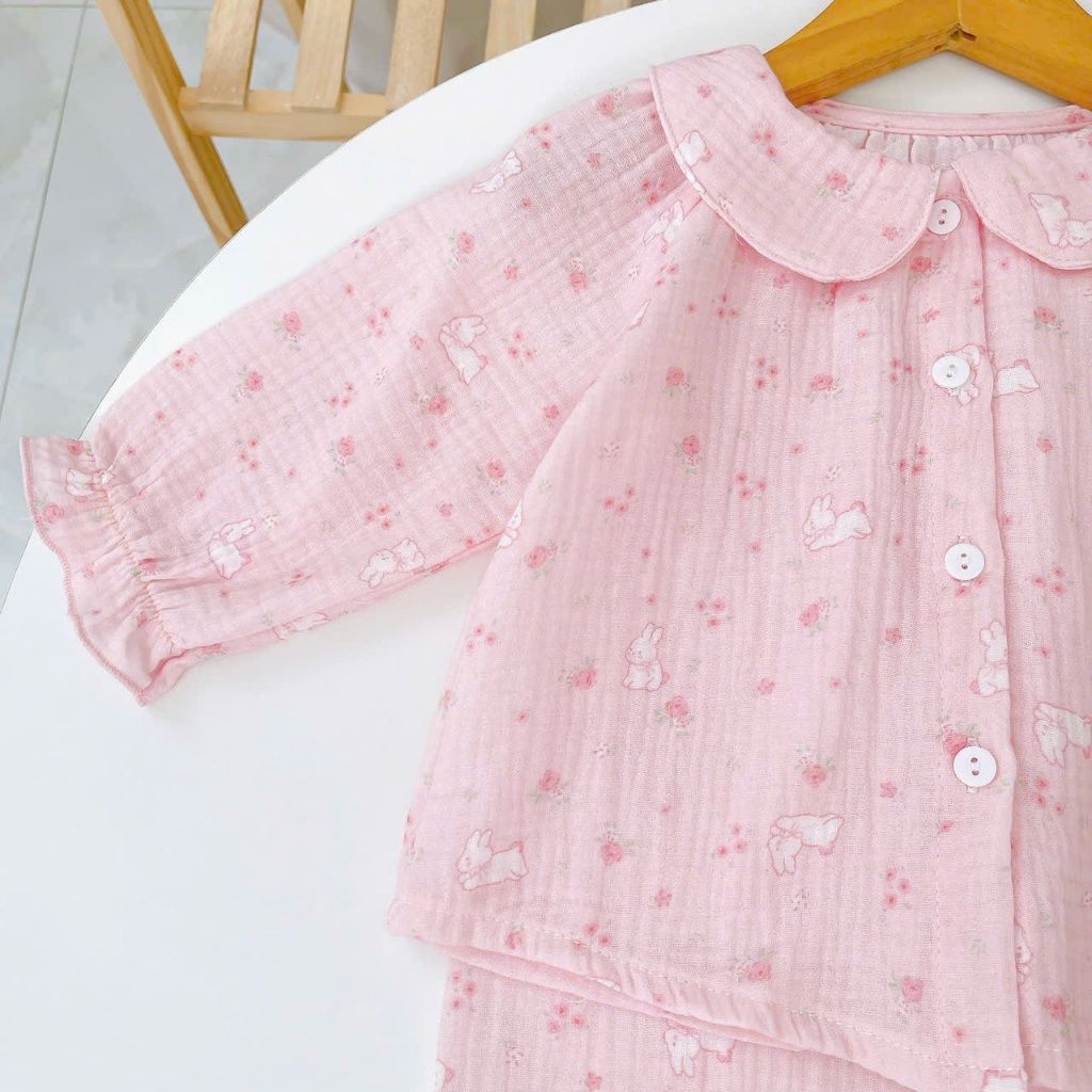  Bộ dài tay cho bé gái xô muslin A338, đồ ngủ cho bé babydoll họa tiết hoa thỏ dễ thương, quần bo chun thoải mái 