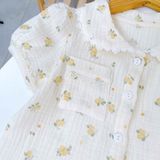  Đồ ngủ cho bé gái tay ngắn quần dài xô muslin Lá Homewear A319, pijama cổ sen viền ren hoa nhí xinh 