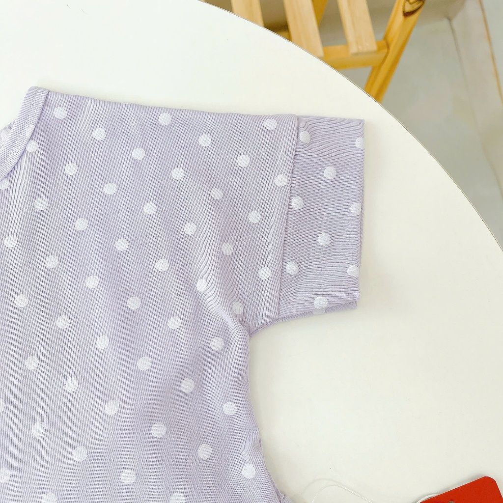  Bộ đùi bé gái chấm bi Lá Homewear LC02, đồ bộ cộc tay bé gái vải Lyocell Cotton phối bèo dễ thương 
