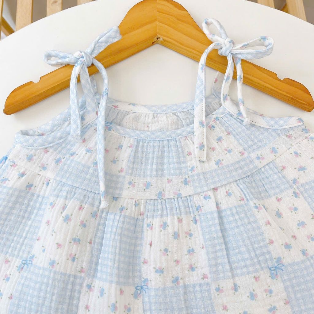  Bộ hai dây bé gái xô muslin XM03 Lá Homewear, đồ bộ mùa hè mát chấm bi 