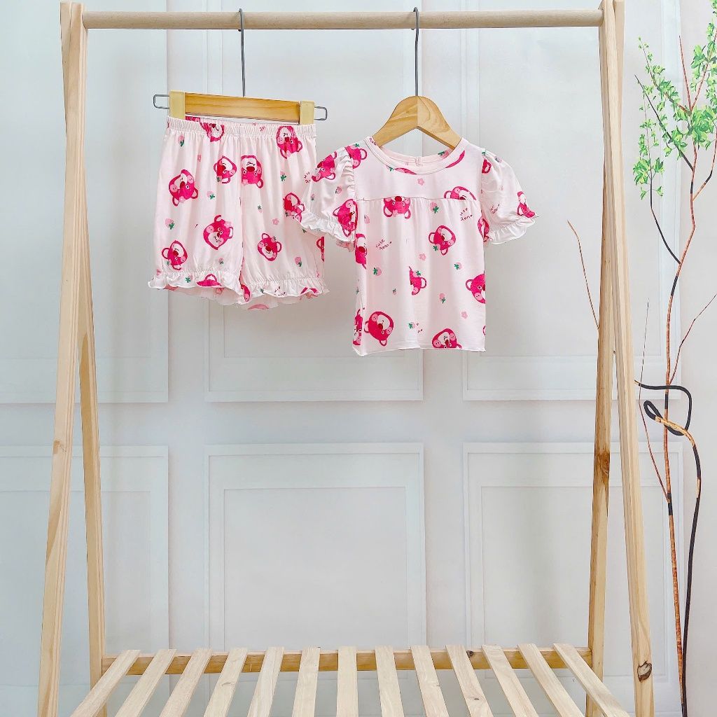  Bộ đùi bé gái 95% sợi sồi Modal Ice Cool Lá Homewear A311, bộ cộc tay bé gái gấu dâu mềm mát lạnh quần bí 