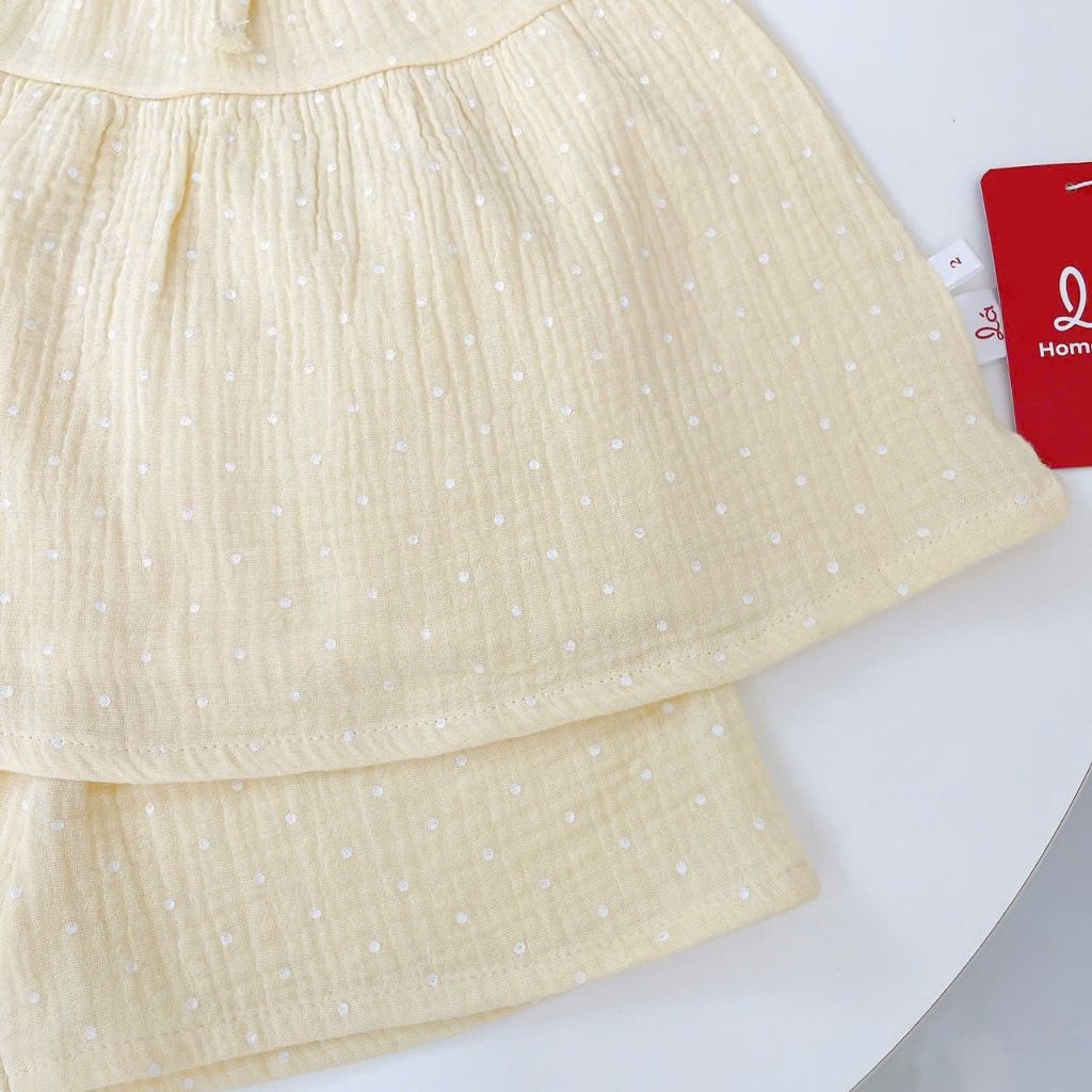  Bộ hai dây bé gái xô muslin XM03 Lá Homewear, đồ bộ mùa hè mát chấm bi 