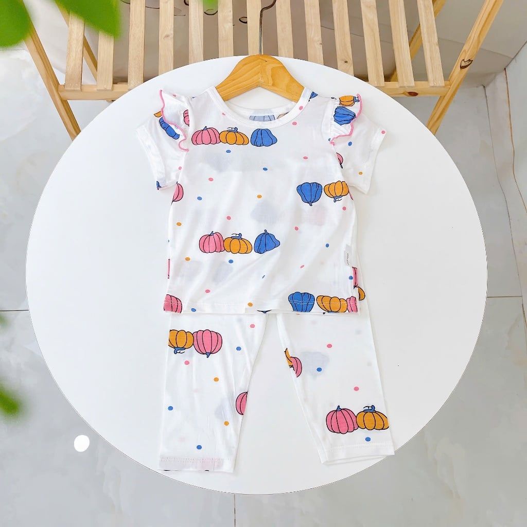  Bộ tay ngắn quần dài bé gái sợi sồi Modal Ice Cool Lá Homewear A372, đồ ngủ côc tay bé gái mát mềm 